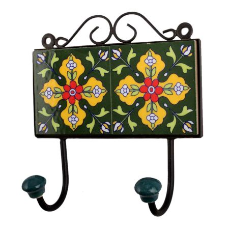 Forest Green Yellow Floral Tiles Hooks